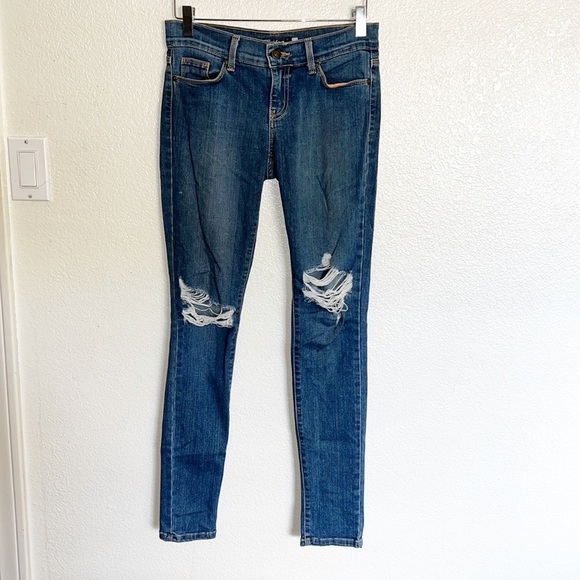 Eunina Midrise Junior Midrise Distressed Dark Wash Skinny Jeans - Picture 1 of 9